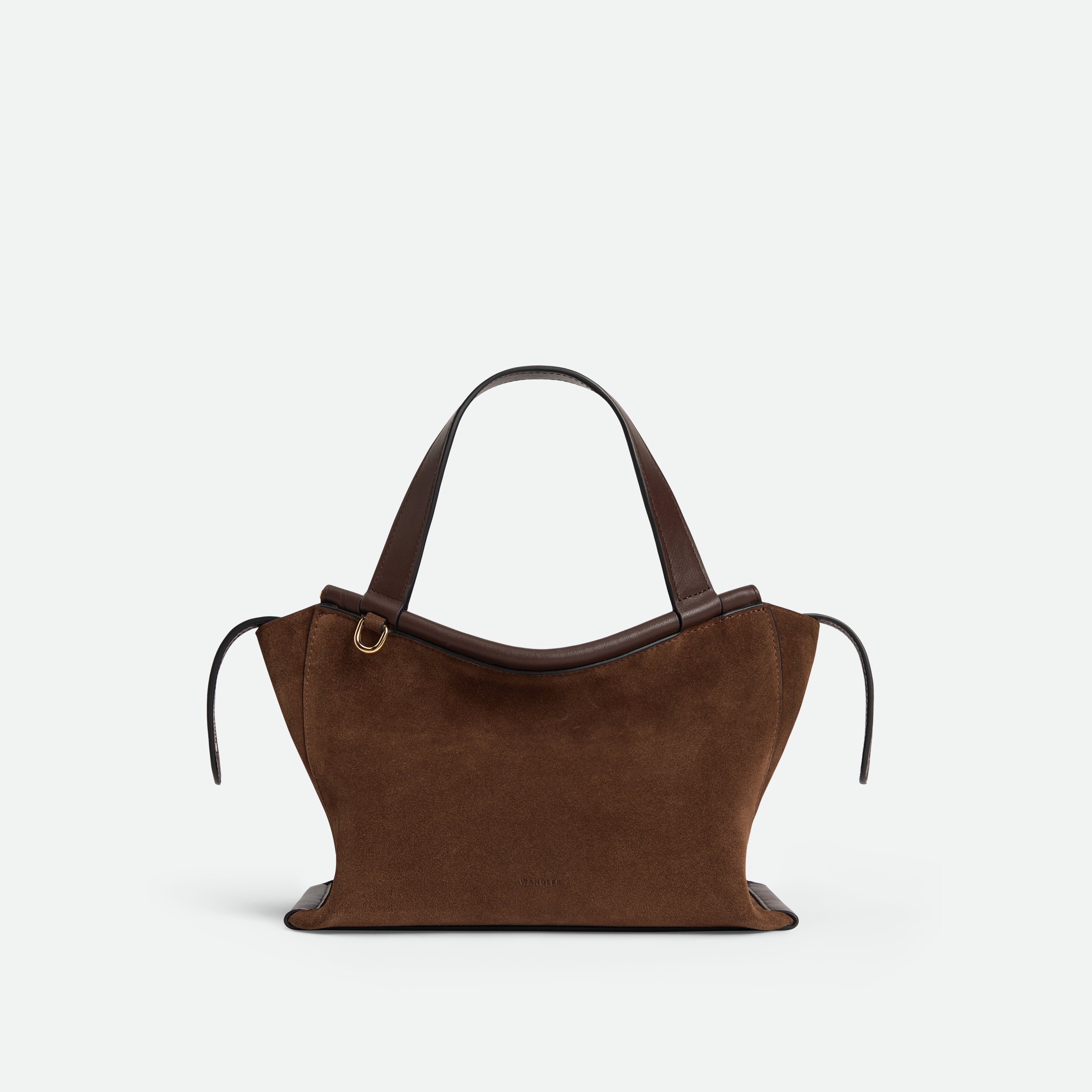 Wandler Ida Bag in Palissander Suede Italian calf leather with golden hardware and sculptural top handle, front view.