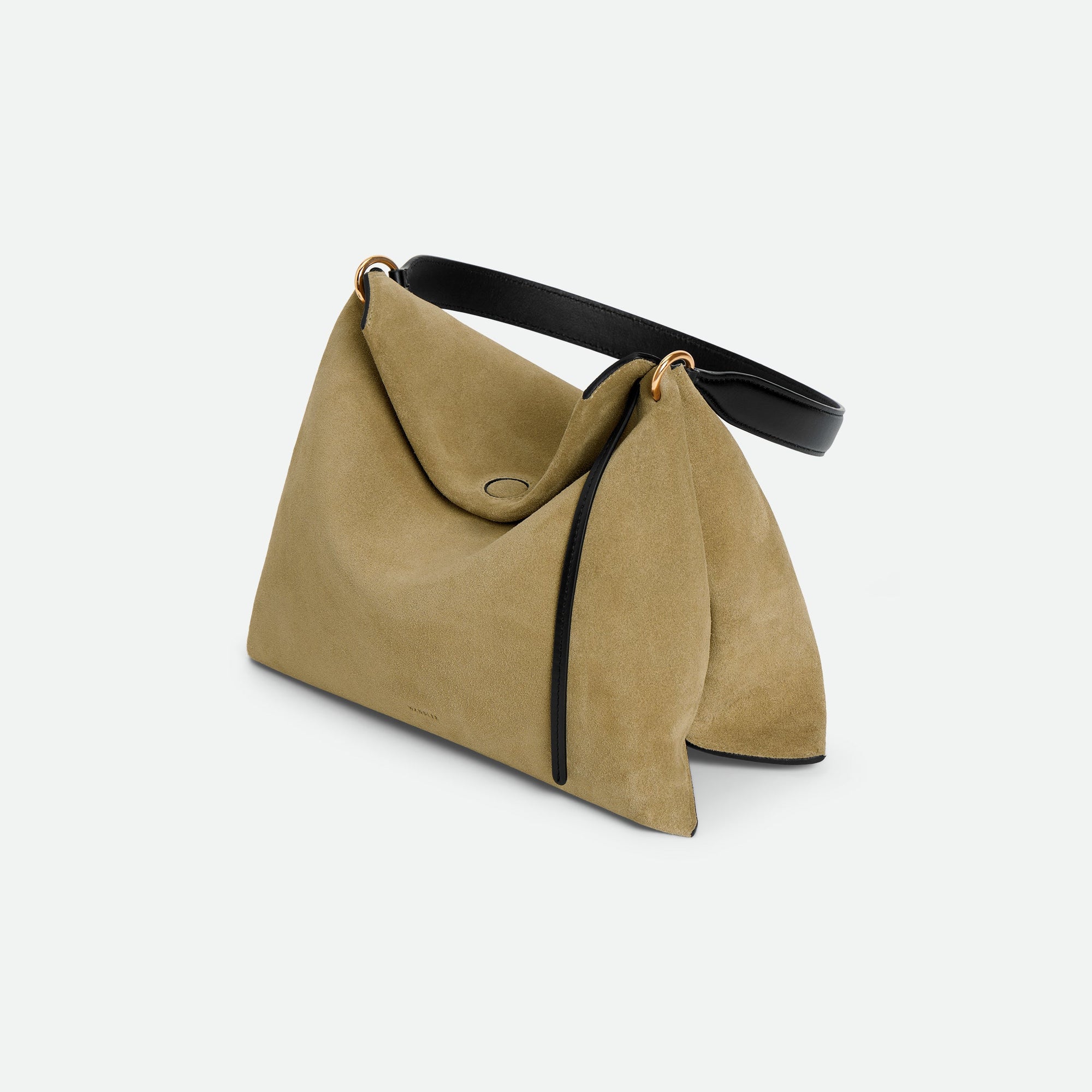 Wandler Penelope Tote Small in the color Acai Suede / Black made from calf leather with golden hardware and soft slouchy silhouette, three quarters view.