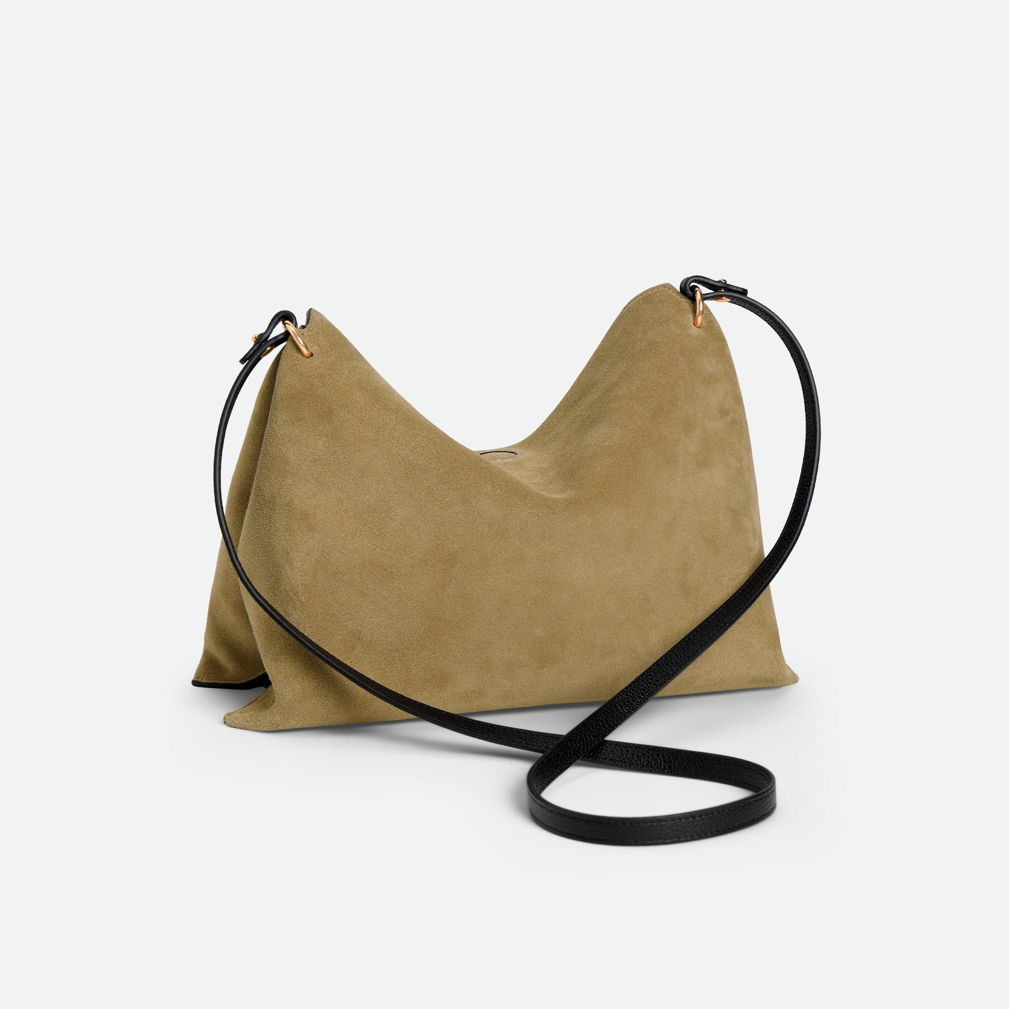 Wandler Penelope Tote Small in the color Khaki Suede / Black made from calf leather with golden hardware and soft slouchy silhouette, backside view.