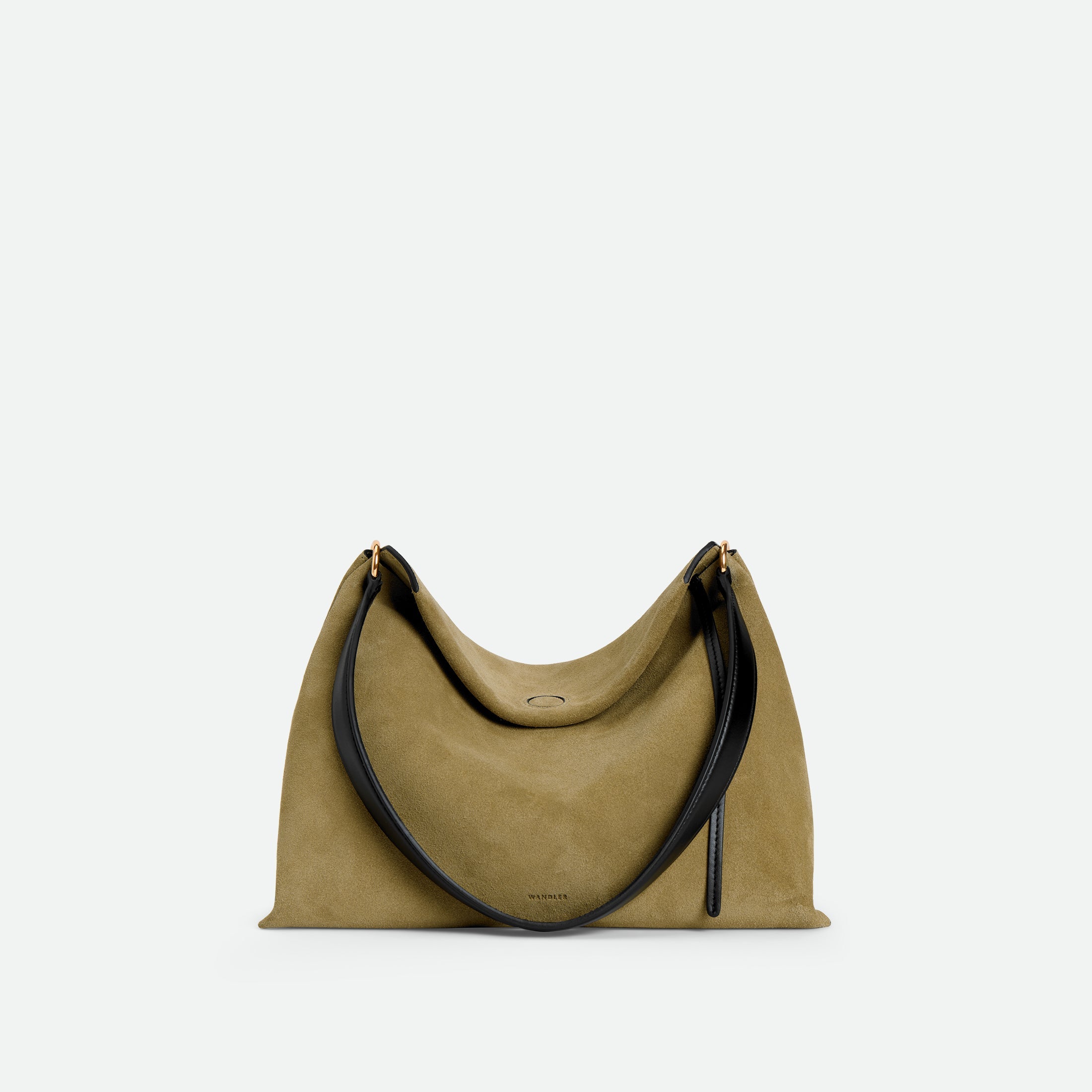 Wandler Penelope Tote Small in the color Khaki Suede / Black made from calf leather with golden hardware and soft slouchy silhouette, front view.