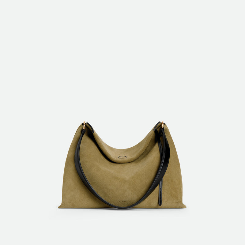 Wandler Penelope Tote Small in the color Khaki Suede / Black made from calf leather with golden hardware and soft slouchy silhouette, front view.
