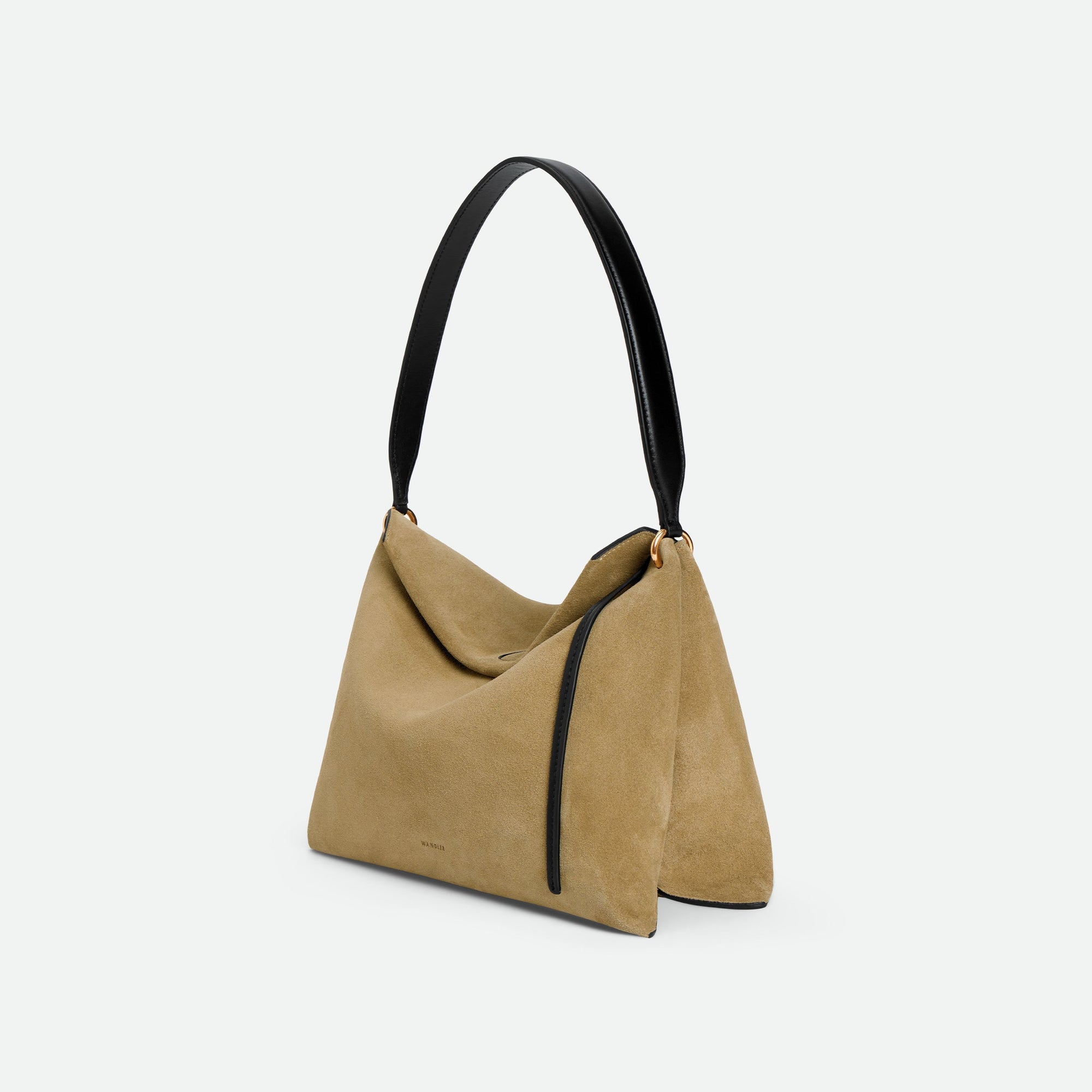 Wandler Penelope Tote Small in the color Acai Suede / Black made from calf leather with golden hardware and soft slouchy silhouette, three quarters view.
