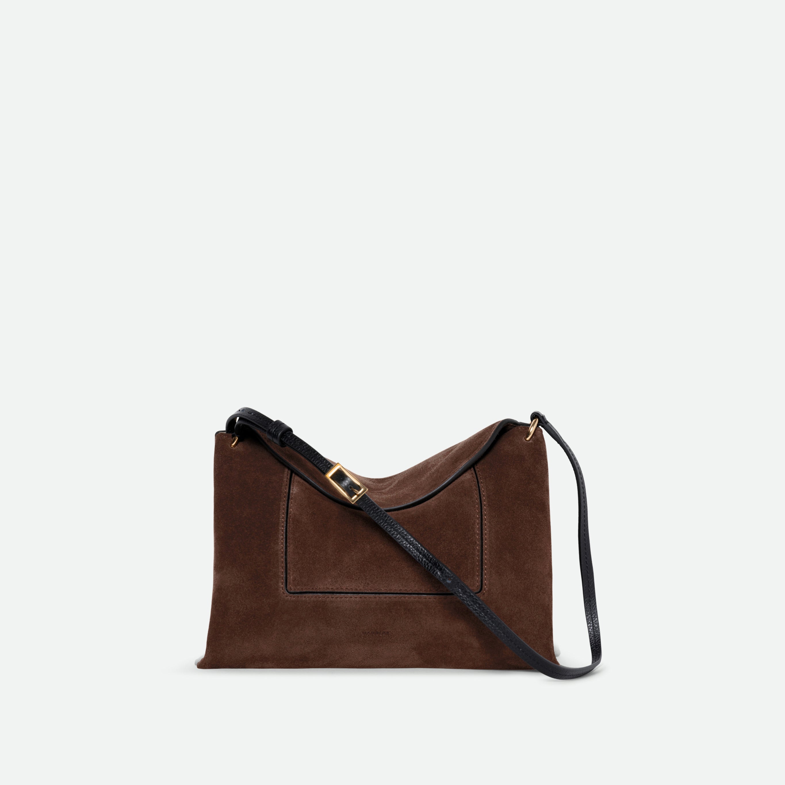 Wandler Penelope Slouch Bag in the color Palissander Suede, made from calf leather with golden hardware and adjustable slim strap, front view.